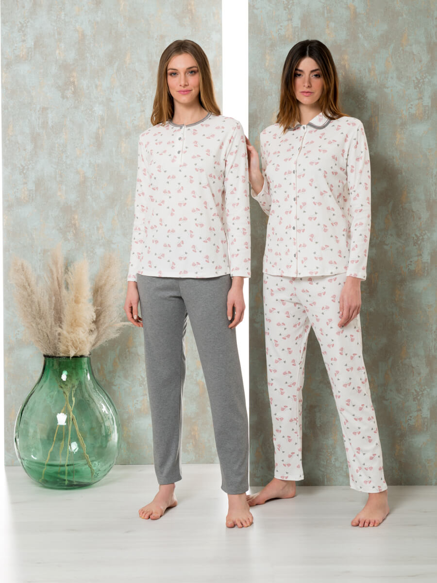 Ribbed pyjamas with a contrasting button-fastened patterned top