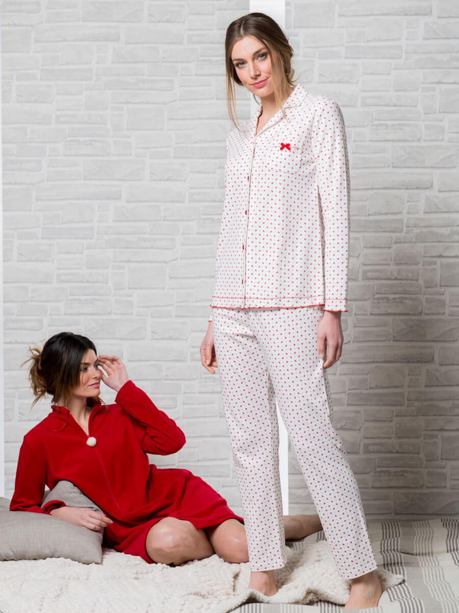 Lip shape-micropatterned pyjamas in a fabric created exclusively for Ethel